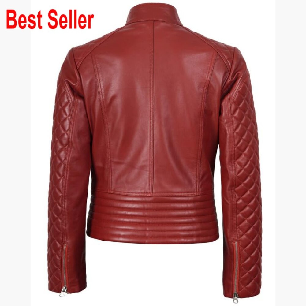 Real Lambskin Leather Jacket, Cafe Racer Style, Quilted Band Collar - Picture 5 of 6